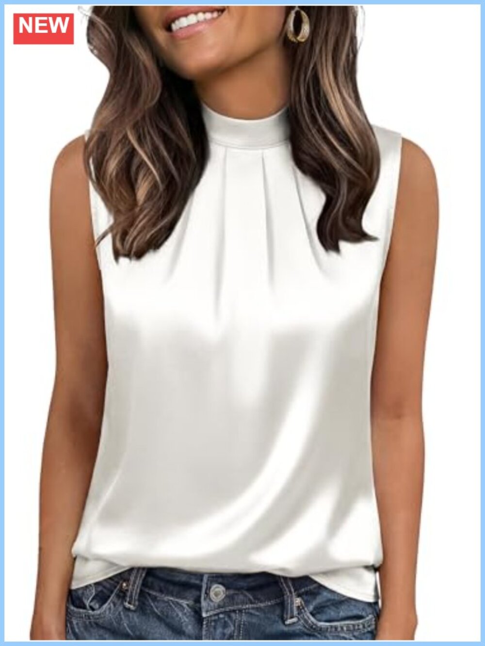 Silk Satin Mock Neck Pleated Tank Top Women Sleeveless Dressy Blouse Business